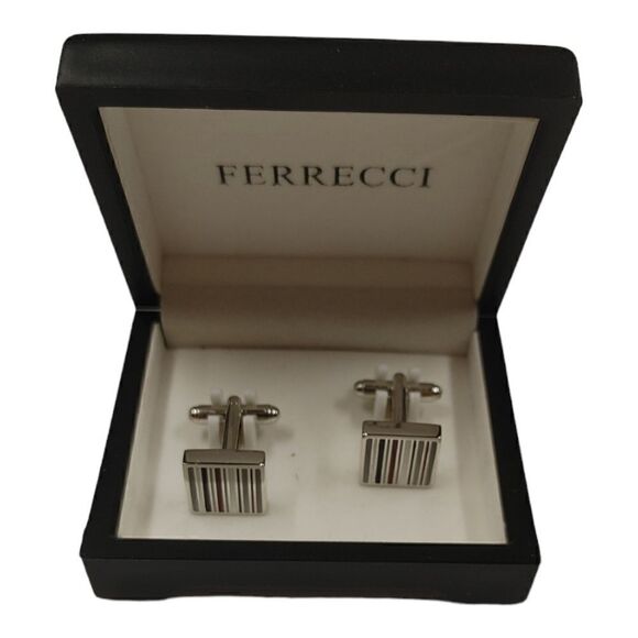 MEN'S FERRECCI SQUARE SILVER CUFFLINKS WITH MULTI COLOR LINES  IN JEWELRY BOX. - Picture 2 of 2